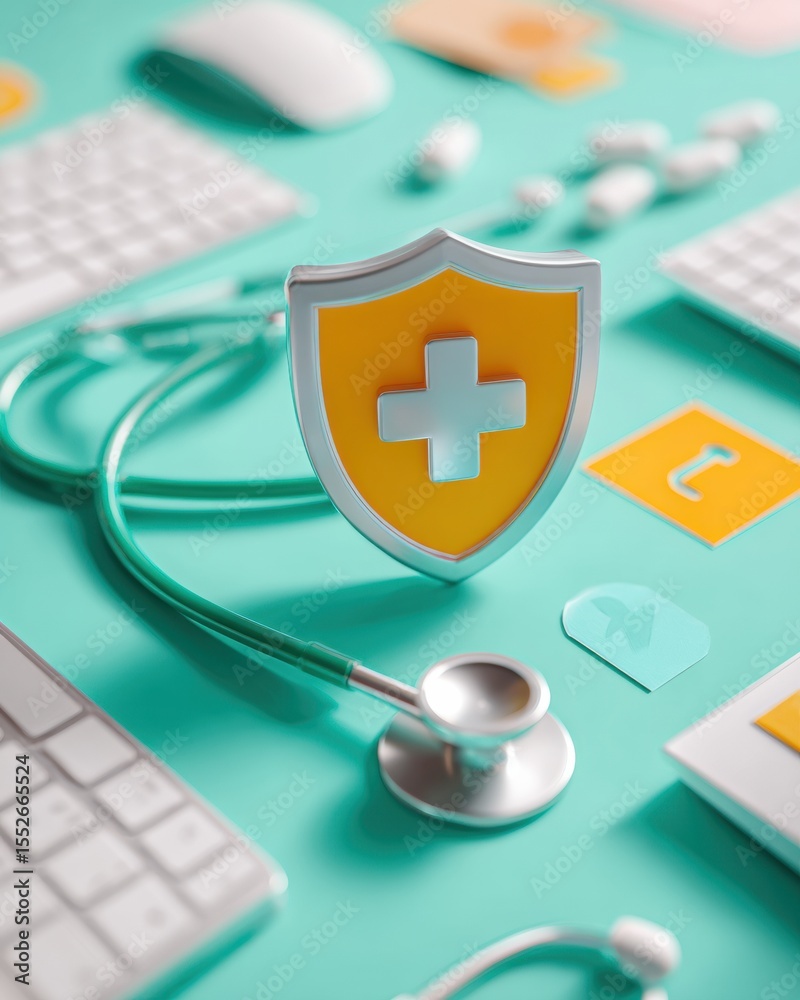 Poster Modern Healthcare Cybersecurity Concept with Shield Emblem and Stethoscope on Digital Interface for Secure Medical Data Protection