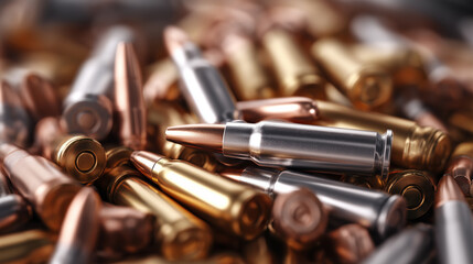 A pile of various shiny bullet cartridges, including both brass and silver casings, lies scattered, representing firearms, defense, and weaponry.
