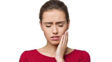 Fototapeta premium A young woman with a grimace of pain holds her cheek, indicating a severe toothache or jaw discomfort against a clean white background. 