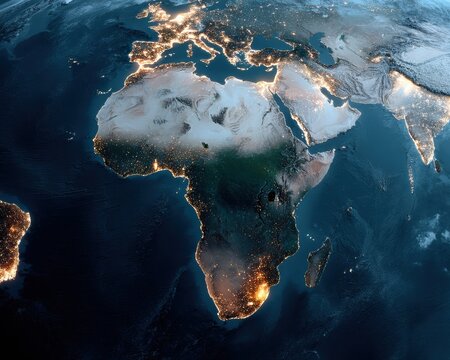 Fototapeta HD Satellite View of Earth at Night Showing City Lights across Africa, Europe, and Middle East Global Connectivity and Aerospace Industry Trend