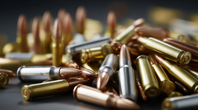A pile of various shiny bullet cartridges, including both brass and silver casings, lies scattered, representing firearms, defense, and weaponry.
 - Powered by Adobe