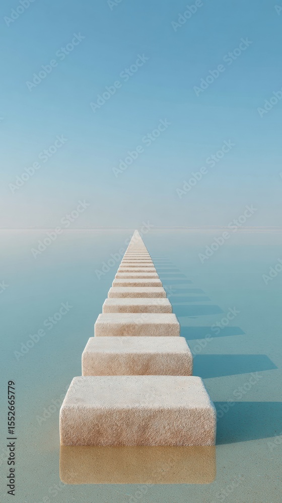 Aufkleber minimalist concrete pathway extending over calm water in soft pastel tones reflecting serenity and m