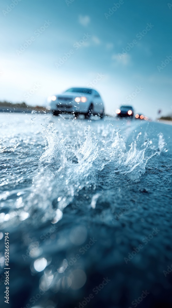Poster dynamic flood warning scene with car splashing through waterlogged asphalt, emphasizing automotive s