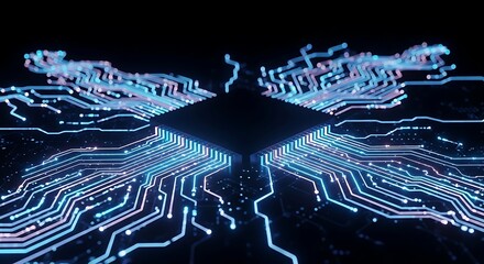 Computer Chip with Glowing Circuit Paths on Dark Background