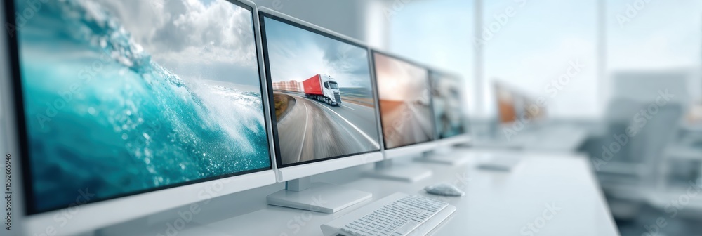 Aufkleber Modern Fleet Management Control Room with Multi-Screen Real-Time Trucking Logistics Display for Data-Driven Delivery Tracking and Operational Efficiency