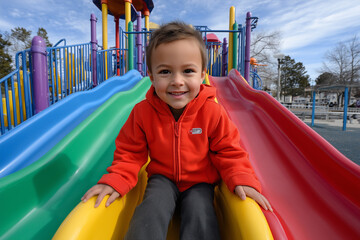 Happy Young Boy on a Colorful Playground Slide Smiling at the Camera