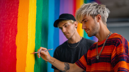 Two Young Men Painting a Colorful Rainbow Wall Together