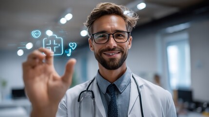 Modern doctor using digital interface for healthcare management and diagnosis