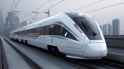 Fototapeta premium Modern high-speed train against the backdrop of a cityscape and infrastructure