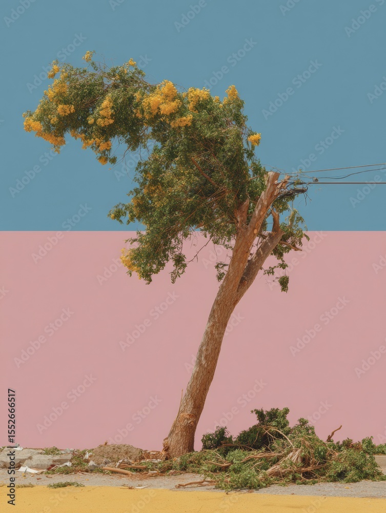 Poster storm-damaged utility pole with fallen tree blocking road and power lines, emergency infrastructure 