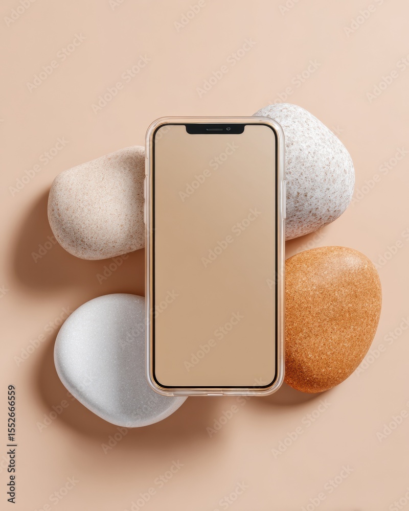 Poster transparent smartphone protective case displayed with smooth textured stones on beige background for