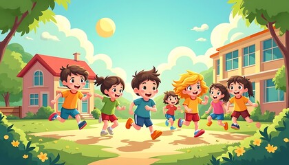 Fototapeta premium Cartoon Children Running on Grassy Field in Sunny Outdoor Setting