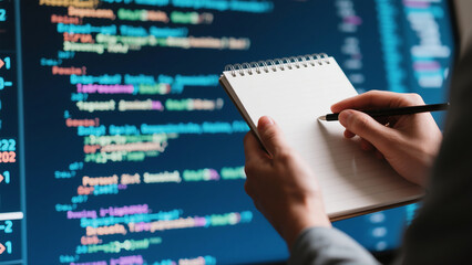 developer writing notes in front of code screen.