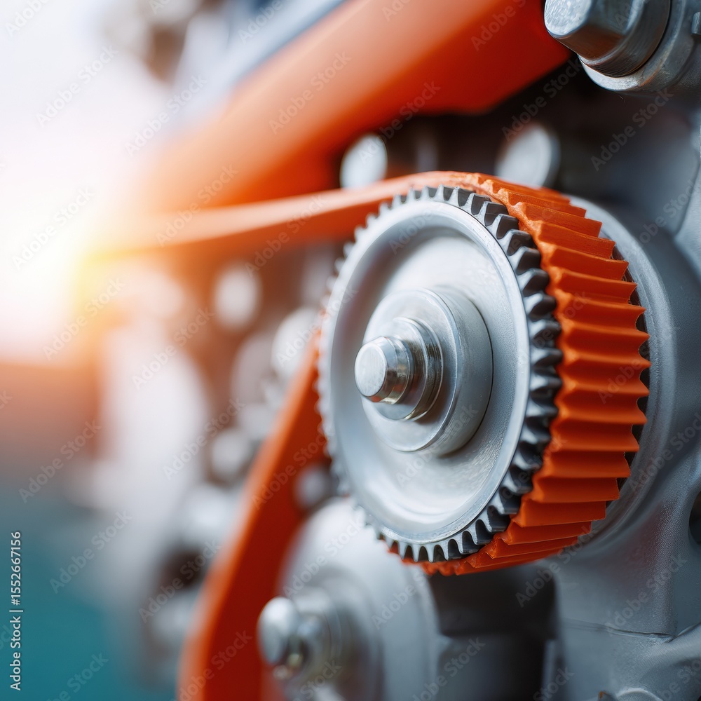 Poster Diesel Engine Timing Belt Close-Up with Mechanical Components Highlighting Precision Engineering for Automotive Maintenance and Industrial Reliability