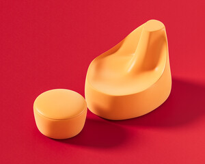 Sculptural modern chair with a smooth, organic shape and high backrest, paired with a small round ottoman. Single color, flat orange furniture, 3d rendering