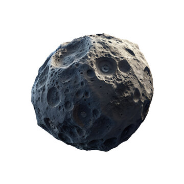A dark grey asteroid with craters, isolated on transparent background