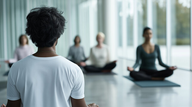 A diverse group of individuals practices yoga in a bright studio with large windows, focusing on wellness, mindfulness, and group exercise.
