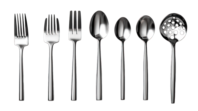 Silverware forks, spoons, skimmer on a black background