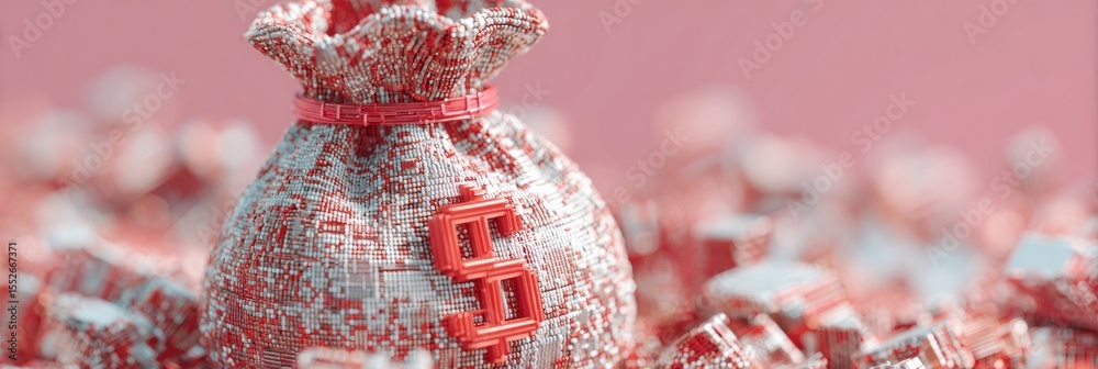 Poster Futuristic Digital Money Bag Icon with Glowing Binary Circuit and Dollar Symbol for AI Finance, Automated Transactions, and Fraud Monitoring in Investment Management