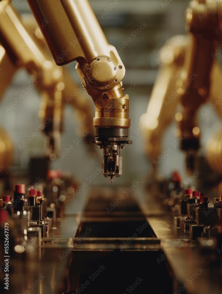 Poster Advanced robotic arms on automated assembly line in smart manufacturing facility showcasing precision and efficiency for industrial innovation marketing
