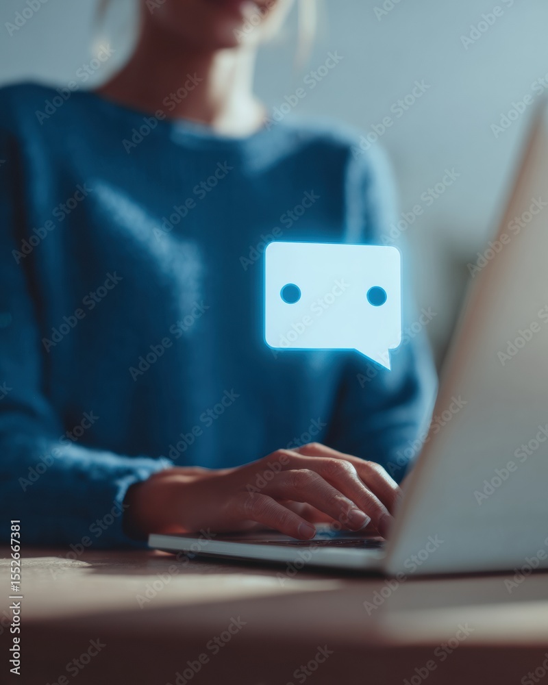 Poster Modern AI Customer Service Bot Interaction with Holographic Chat Icons on Laptop in Digital Workspace for Business Productivity and Marketing Innovation