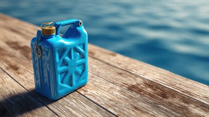 Blue fuel can on a wooden dock overlooking the ocean