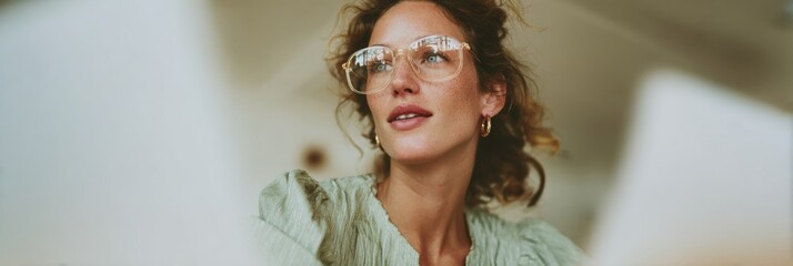 Modern businesswoman with futuristic eyewear analyzing AI data on transparent interface in sleek office for smart digital decision making and collaboration