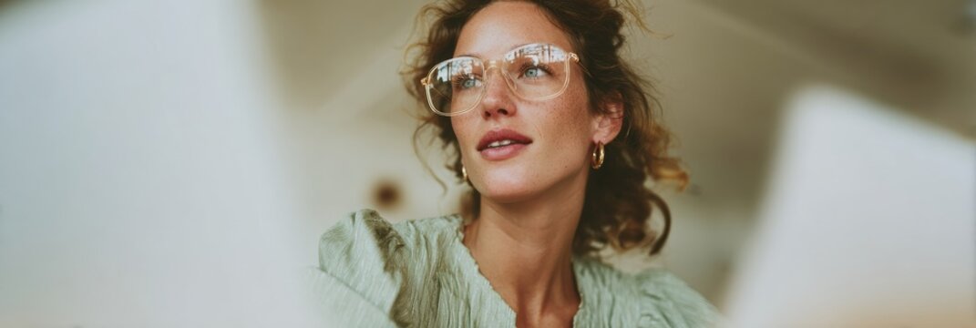 Modern businesswoman with futuristic eyewear analyzing AI data on transparent interface in sleek office for smart digital decision making and collaboration