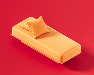 Minimalist rectangular daybed with smooth, rounded edges and a matching cushion placed on top. Single color, flat orange furniture, 3d rendering