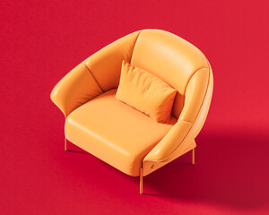 Modern rounded armchair with a curved backrest, featuring slim legs and a rectangular cushion. Single color, flat orange furniture, 3d rendering