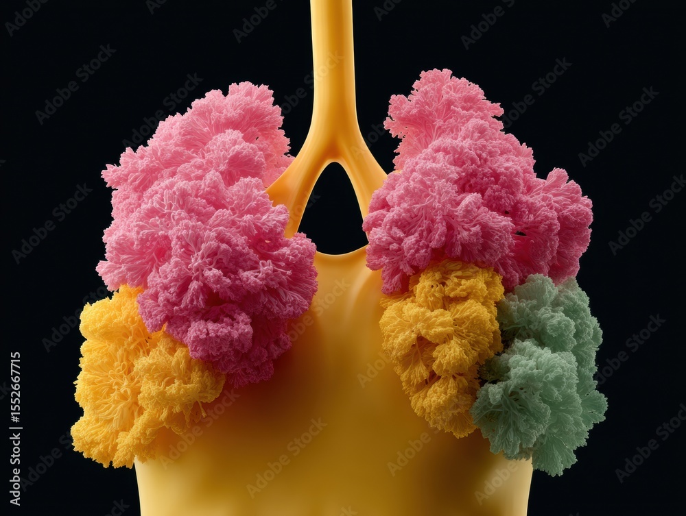 Poster digital visualization of human lungs with color-coded lobes on black background for medical educatio