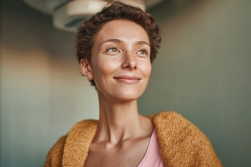 Confident young woman at medical clinic smiling after mammogram screening, modern healthcare access supporting early cancer detection and wellness