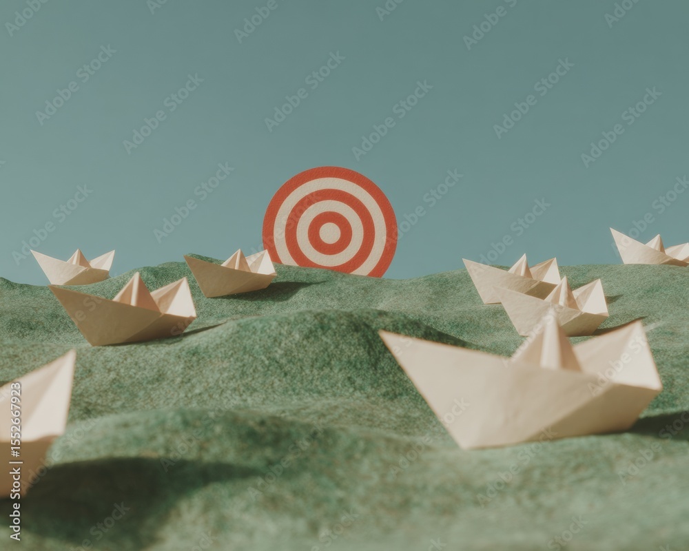 Poster Strategic Exit Path Concept with Paper Boats and Target Symbol on Textured Surface for Business Innovation and Adaptive Decision-Making