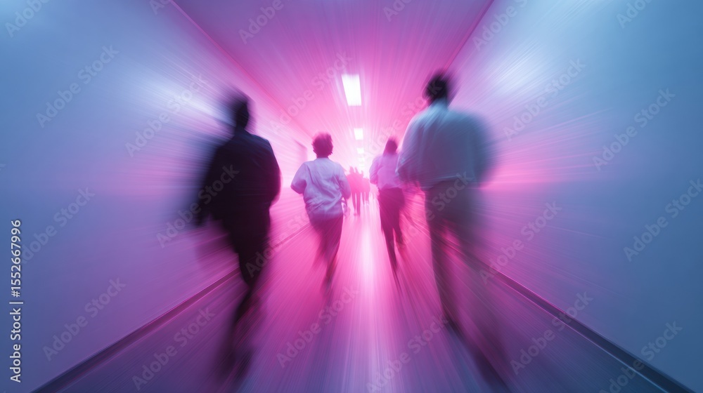 Poster dynamic emergency drill in modern corporate hallway with motion blur effect showing urgency and team