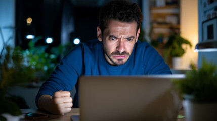 A frustrated man with a furrowed brow and clenched fist glares intensely at his laptop screen in a dimly lit room, conveying anger and stress from a digital interaction.
