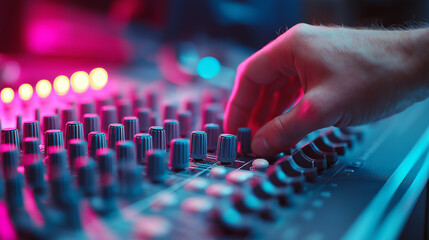 A hand adjusts a knob on a professional audio mixing console, illuminated by vibrant pink and blue lights, representing music production and live events.

