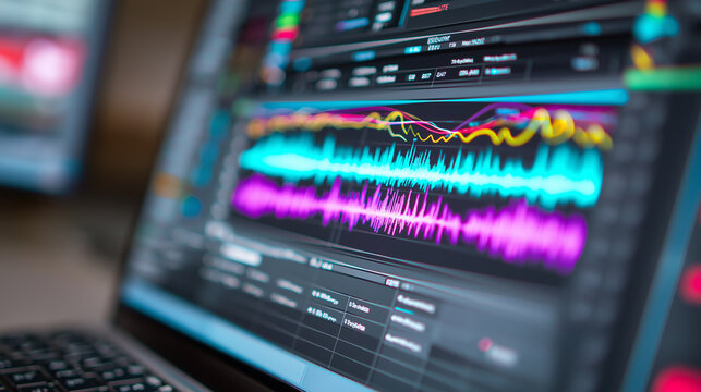 A vibrant digital display shows multiple colorful sound waves and frequency graphs, representing audio analysis, data visualization, and technological interfaces.
