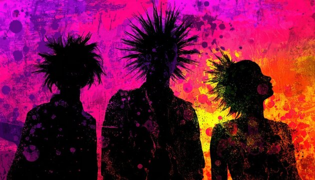 Punk rock silhouettes with vibrant psychedelic splatter paint background artwork
