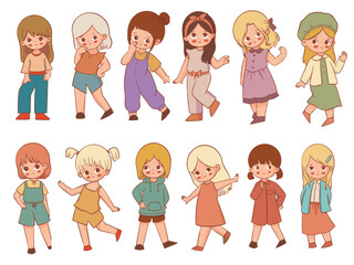 Illustration of diverse girls wearing various stylish summer outfits, featuring a mix of casual, boho, sporty, and beachwear looks