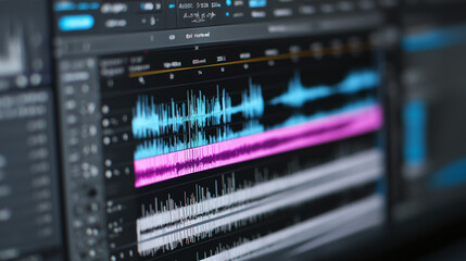 A vibrant digital display shows multiple colorful sound waves and frequency graphs, representing audio analysis, data visualization, and technological interfaces.
