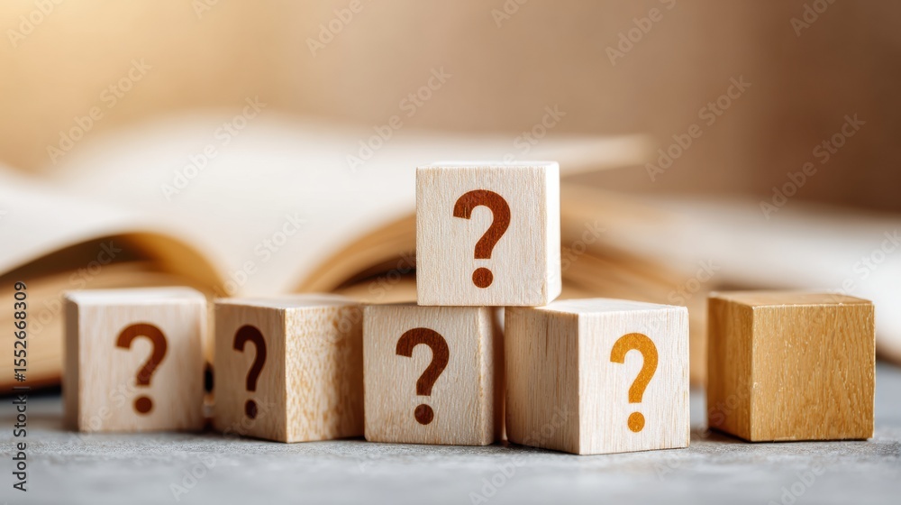 Poster Wooden cubes with question and check marks symbolizing clarity and problem-solving in education and quiz marketing for confident decision-making