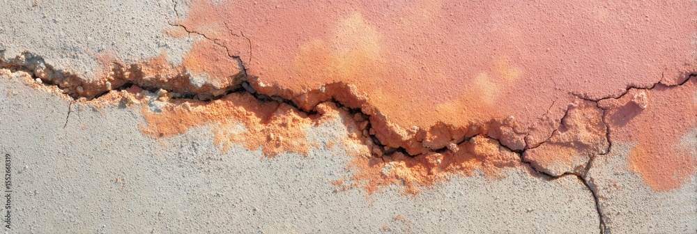 Poster cracked concrete pavement with jagged fissures and rust stains close-up - construction repair and sa