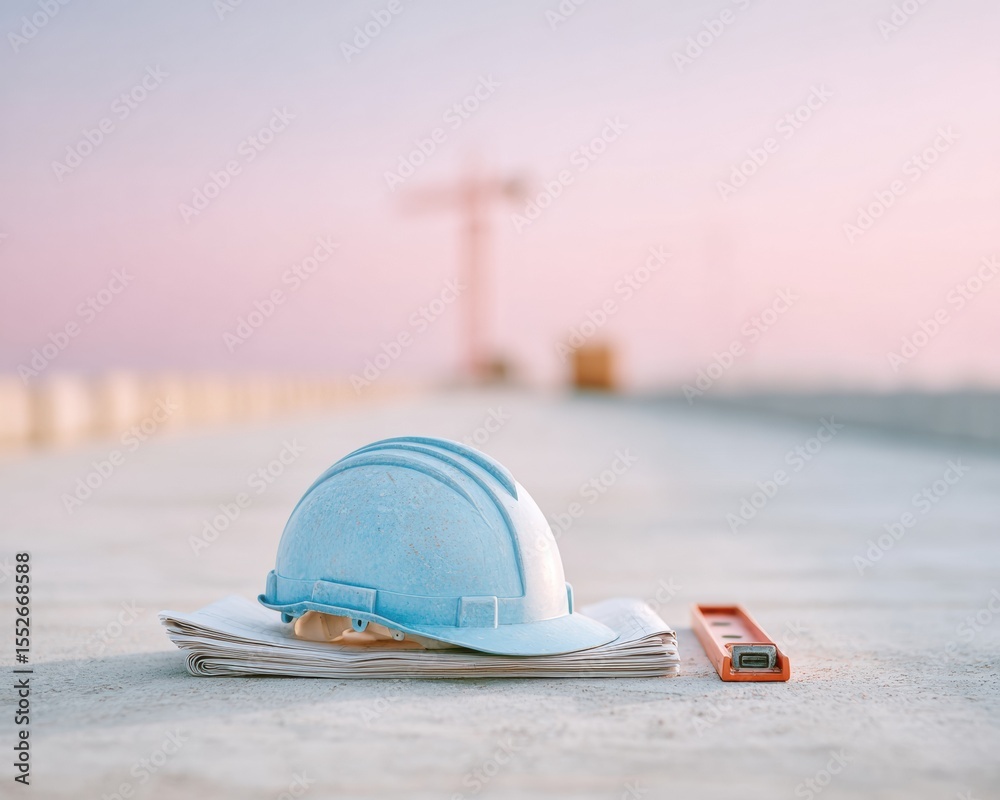 Aufkleber Construction Helmet and Blueprints on Unfinished Bridge Surface with Measuring Tools Symbolizing Precision Infrastructure Planning and Modern Project Management