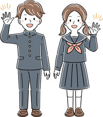 笑顔で手を振る制服姿の男女の学生のイラスト　全身