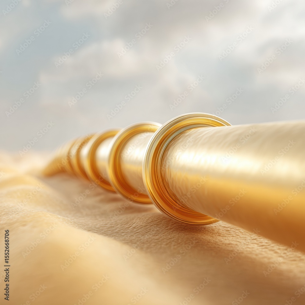 Poster Futuristic Gold Pipeline Model in Desert Landscape with Data Signals Highlighting Advanced Energy Infrastructure and Sustainable Utility Innovation