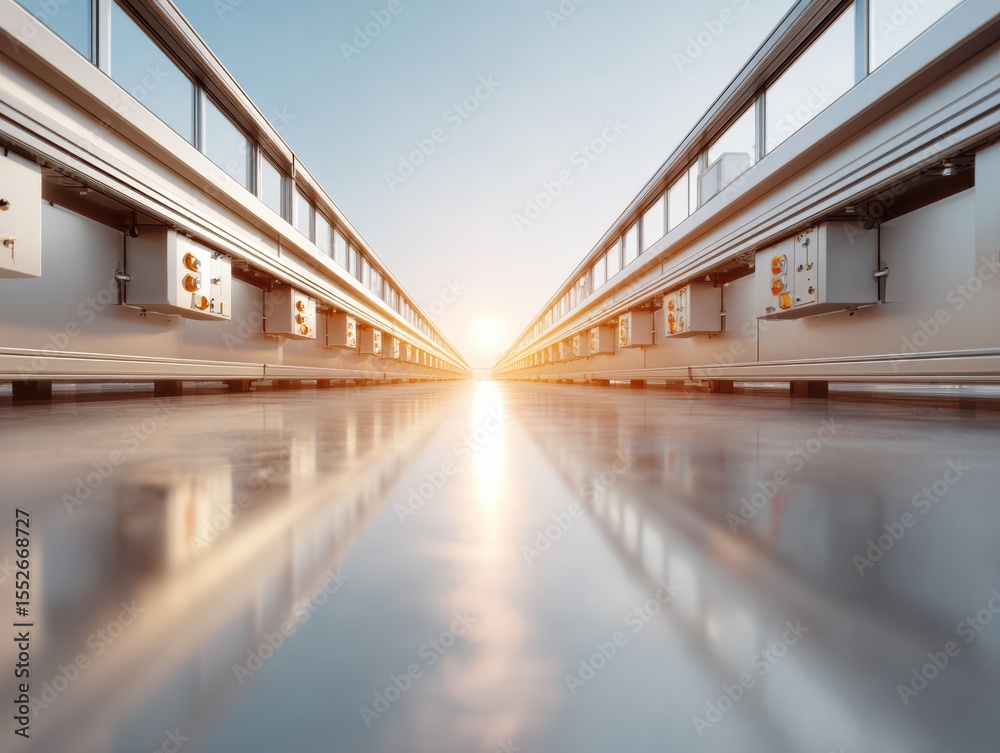 Poster Modern autonomous manufacturing line with advanced production machinery and clean semiconductor assembly in high-tech industrial facility for efficient automation