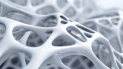 An abstract 3D rendering showcases a clean white, porous, and interconnected cellular mesh structure, ideal for concepts of networking, biology, or modern design.
