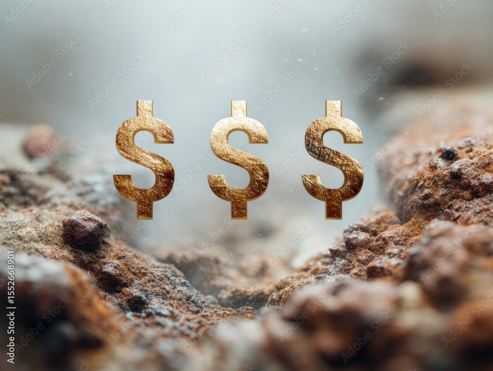 Poster golden dollar symbols floating over abstract textured earth surface representing wealth growth and f