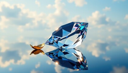 A brilliant diamond reflects a serene sky with soft clouds while resting next to a golden scoop, creating a stunning contrast of nature and luxury elements.