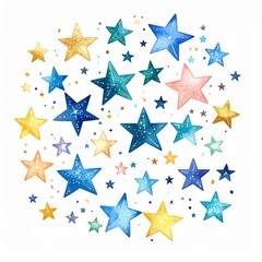 Fototapeta premium Watercolor Stars Pattern in Gold Blue Pink and Teal